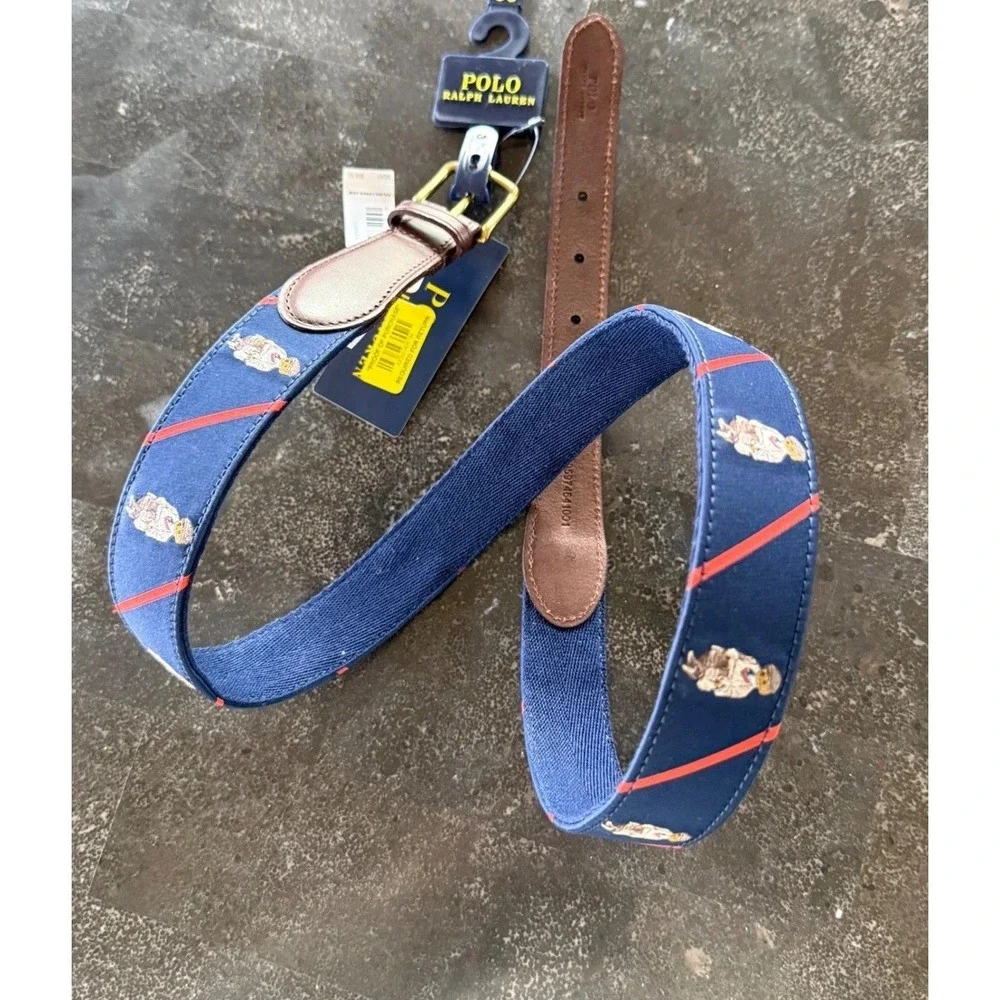 Polo Ralph Lauren Mens Polo Bear‎ Silk Leather Belt Navy Red Stripe Size 42 NEW